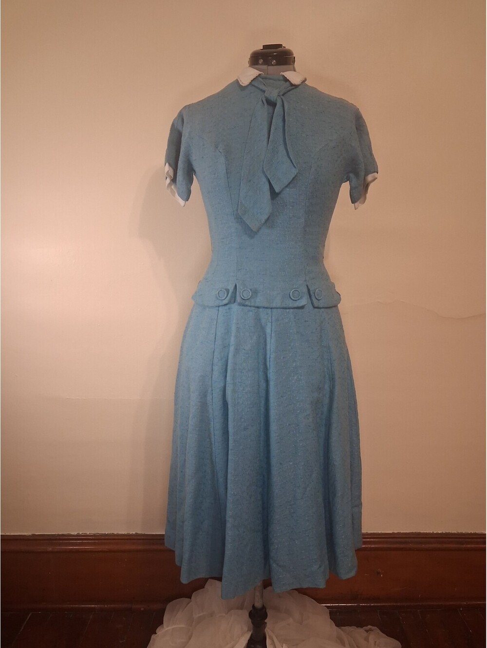 1940s Vintage Dress, Woven Blue Handmade Dress With Tie Academic Secretary Sz S - Picture 6 of 9